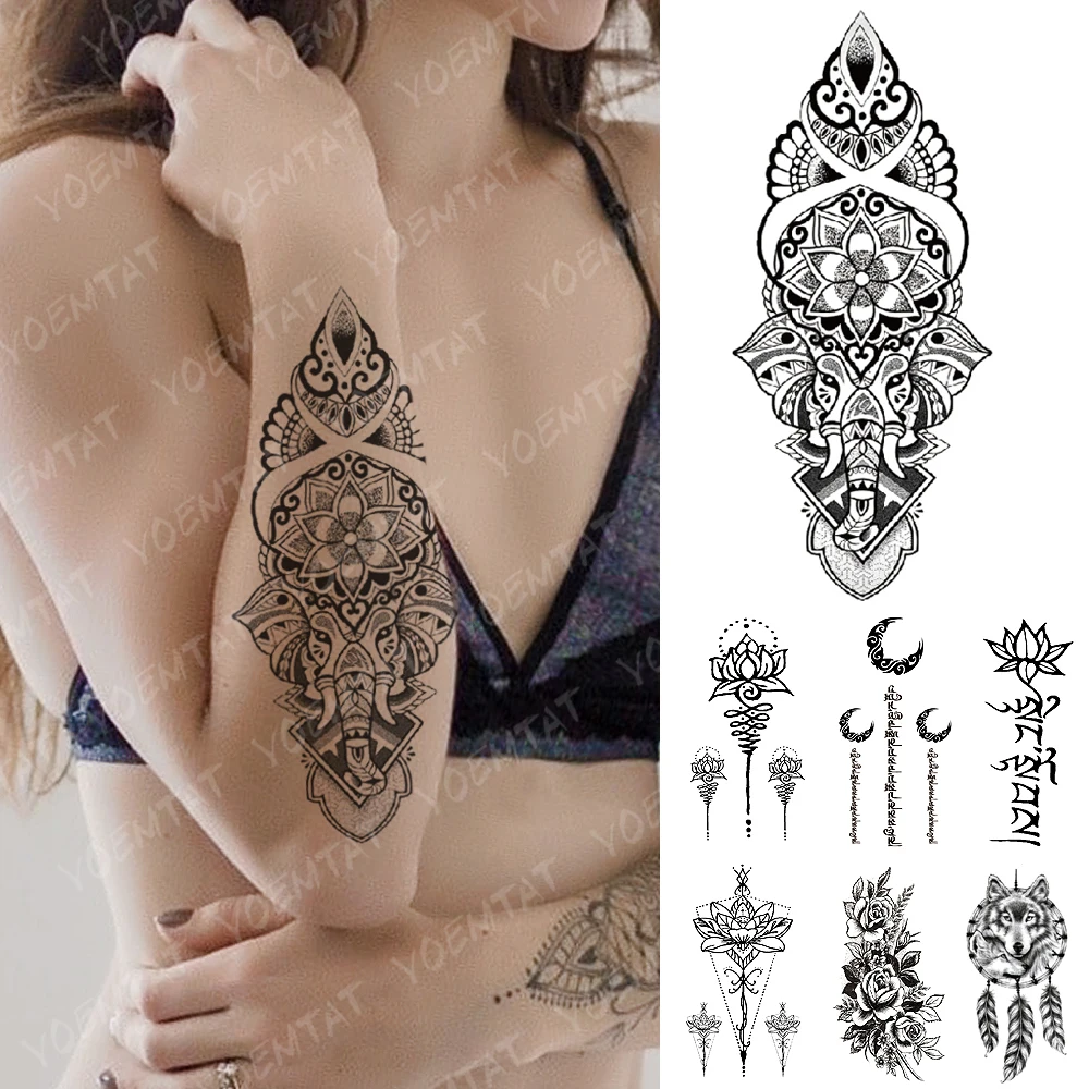 

Waterproof Temporary Tattoo Sticker Yoga Lotus Totem Flash Tattoos Elephant Word Indian Body Art Arm Fake Tatoo Women Men