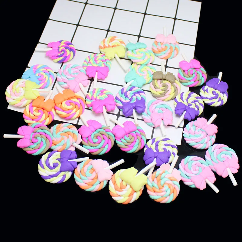 20Pcs 26*40mm Bow Tie Lollipop Polymer Clay Cabochons Flatback For DIY Hairpins/Earrings/Refrigerator Magnets Phone Decoration