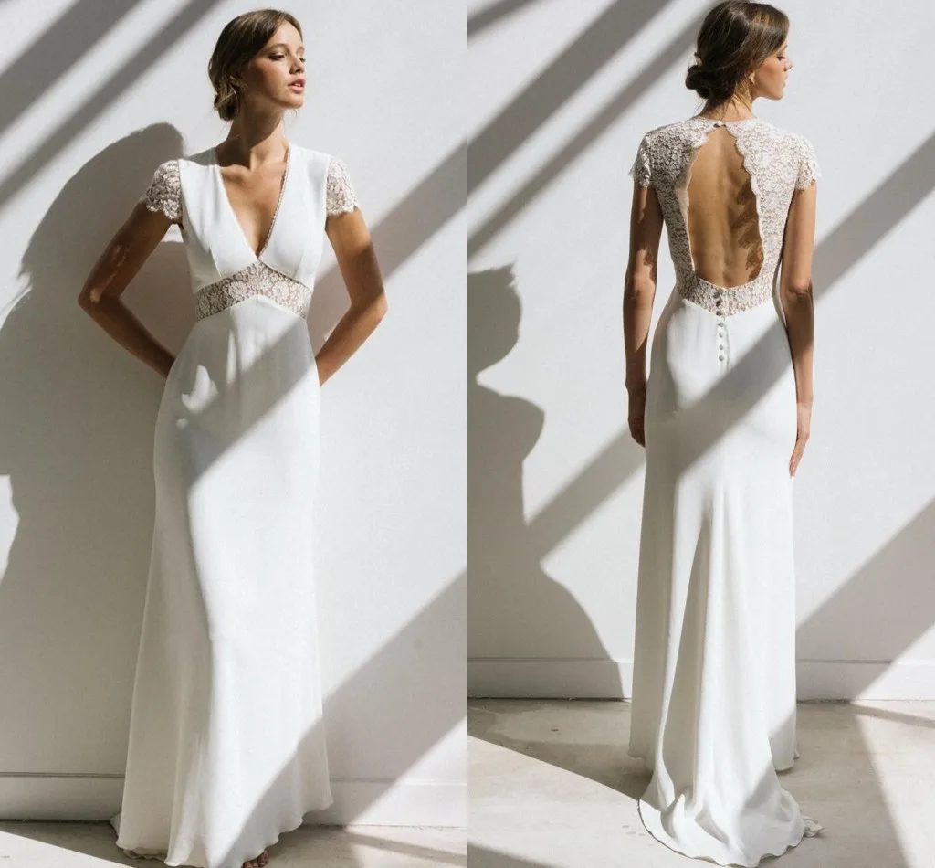 Vintage Boho weselny strój 2021 z krótkim rękawem-line Backless koronkowe suknie ślubne szata De Mariee oszałamiająca urocze Vestidos