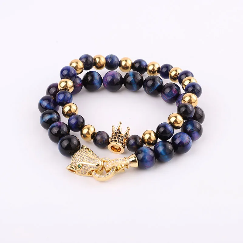 New Fashion Natural Stone Polar Lights Tiger Eye Luxury Leopard Crown Charm Elastic Beads Bracelet Set Jewelry Men Women