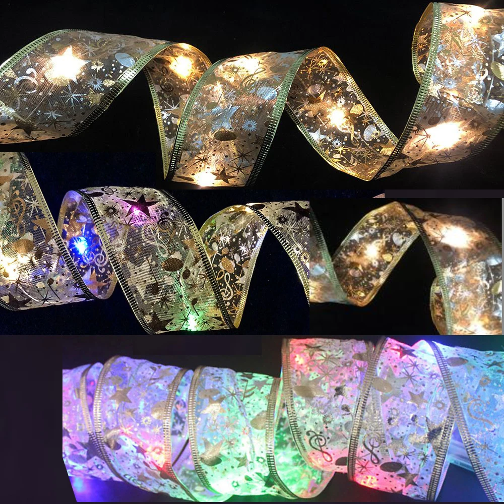 Christmas Ribbon with LED Lights Waterproof Christmas Tree Decorations Ribbon Bows Lights Xmas Wall Window Wedding Home Decor