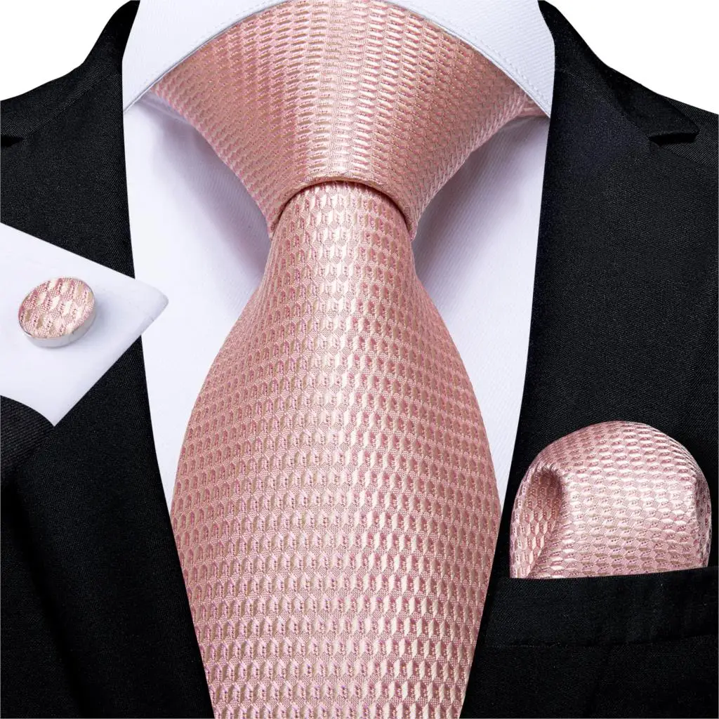 High Quality Men Tie Peach Pink Solid Wedding Tie For Men Dropshipping DiBanGu New Design Hanky Cufflinks Tie Set