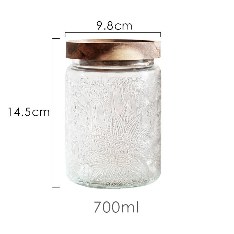 700ml Sealed Glass Sugar Jar Nut Coffee Bean Storage Jar Embossed Flower Glass Tea Can Kitchen Food Storage Container Bottle Tin