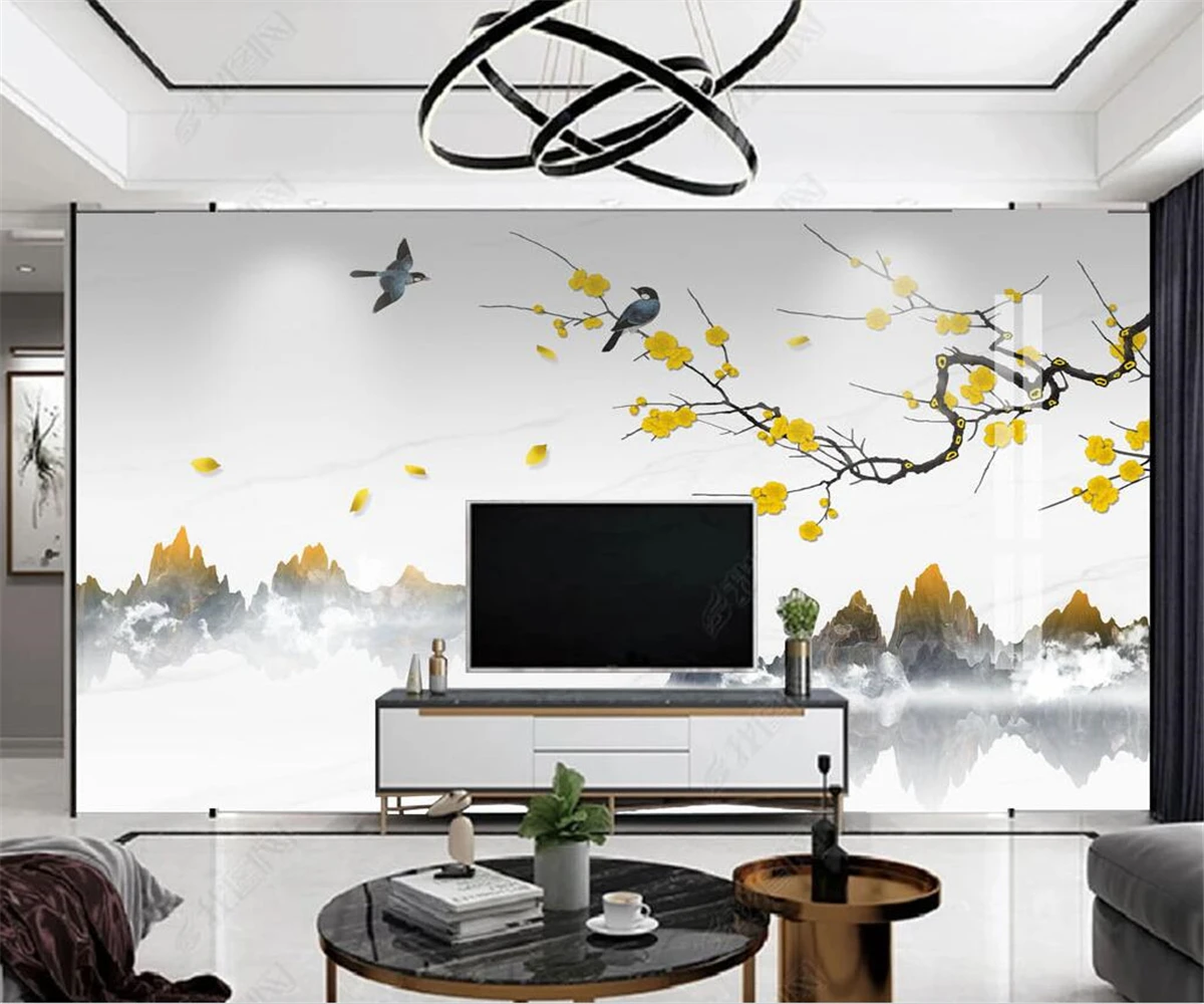 

beibehang Customized modern new Chinese golden landscape flower landscape marble background papel de parede wallpaper