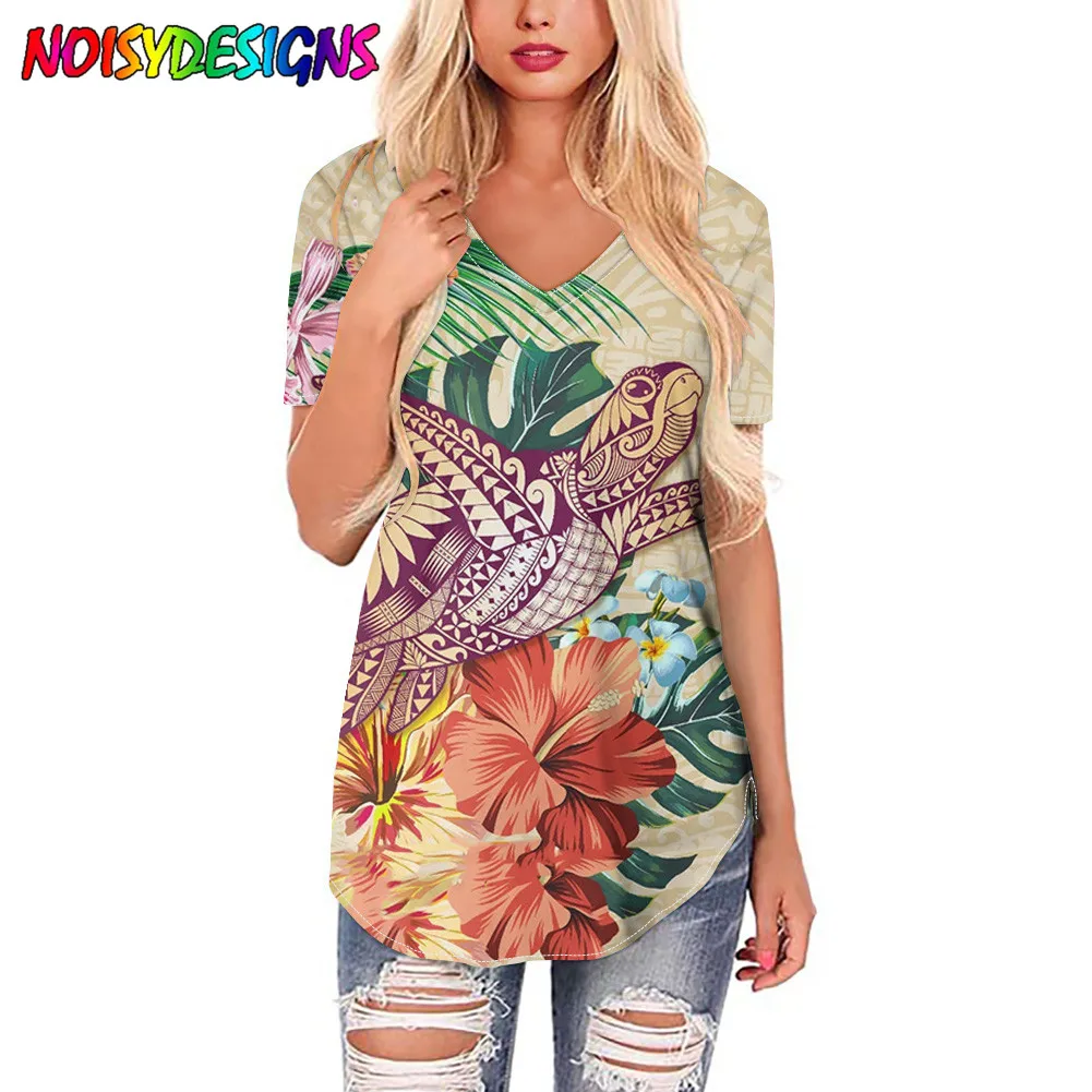 NOISYDESIGNS T-shirts Polynesian Clorful Hibiscus Turtle Print Printing Casual Woman Tshirts Short Sleeve Summer Women's Top