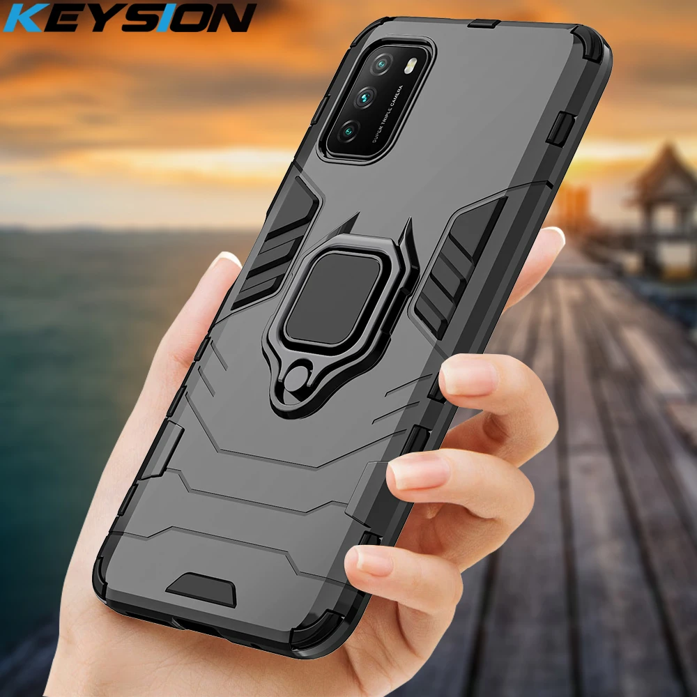 

KEYSION Shockproof Armor Case for Xiaomi POCO M3 M2 Pro F2 Pro Ring Stand Bumper Silicone Phone Back Cover for POCO X3 NFC