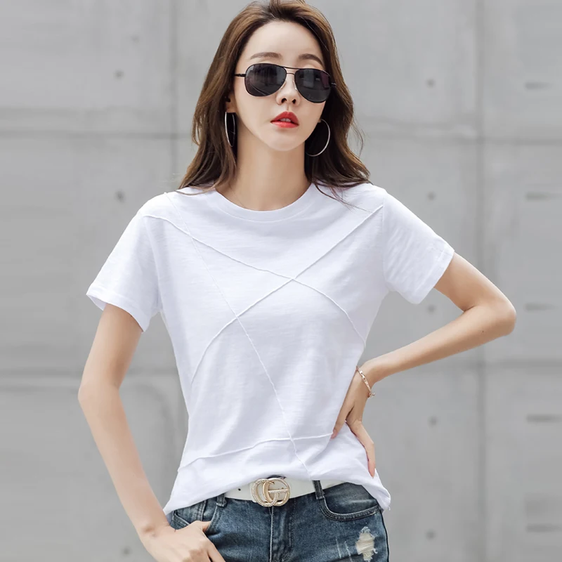 AOSSVIAO Summer Slim Cotton Bamboo T-Shirts Women 2024 O-Neck Short Sleeve Ribbed Tshirts Female Casual Solid Color Tops