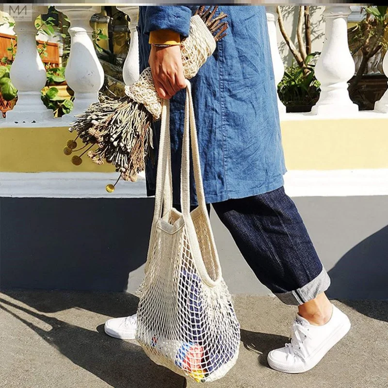 Cotton Mesh Shopping Bag Reusable String Fruit Storage Handbag Totes Women Shopping Mesh Net Shop Grocery Tote Bag