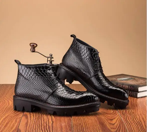 

Autumn Winter Genuine Leather Snake ankle boots Fashion lace-up Thick bottom dress shoes High top round toe oxford
