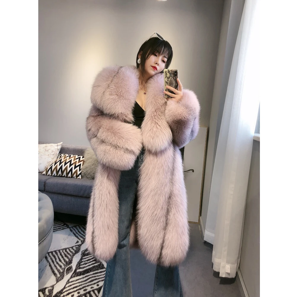 2019 New imported Womens Pink Fox Fur Coat With Big Fur Collar Fashion Long Outwear Thick Warm Fur Jacket