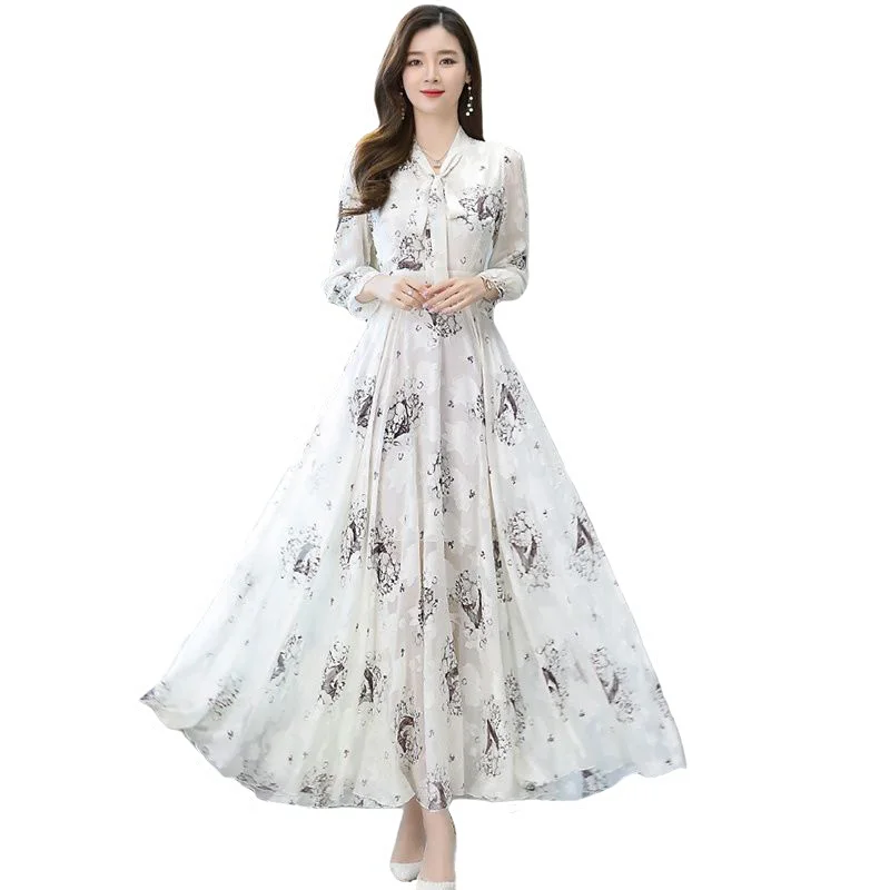 Spring 2022 Women's Chiffon Dress Fashion Size 4XL Slim Long Beach Dresses Long Sleeve Elegant V-Neck Printed Dress Female