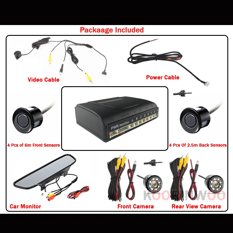 Koorinwoo Parkmaster Car Parking Sensor 8 Front 4 Dynamic Camera LCD Monitor Mirror Rear view camera Reverse Backup Car Detector