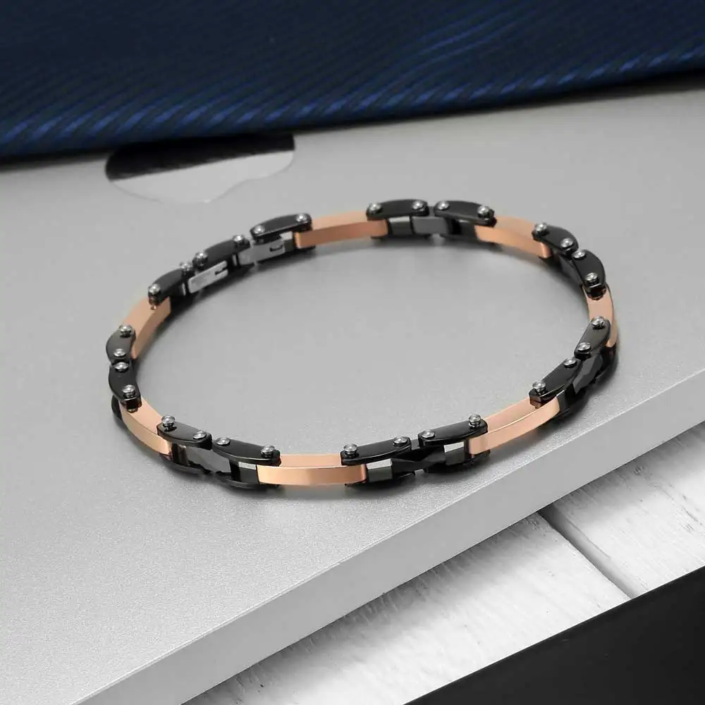 Moocare Plated Rose Gold and Black Ceramic Bracelet Stainless Steel Elegant Female Male Hand Wrist Chain Charm Jewelry