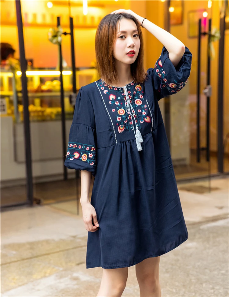 Women Vintage Floral Embroidery Dresses Bow Tie Lantern Long Sleeve Casual Brand Loose Pleated Dresses Elegant Boho Dress