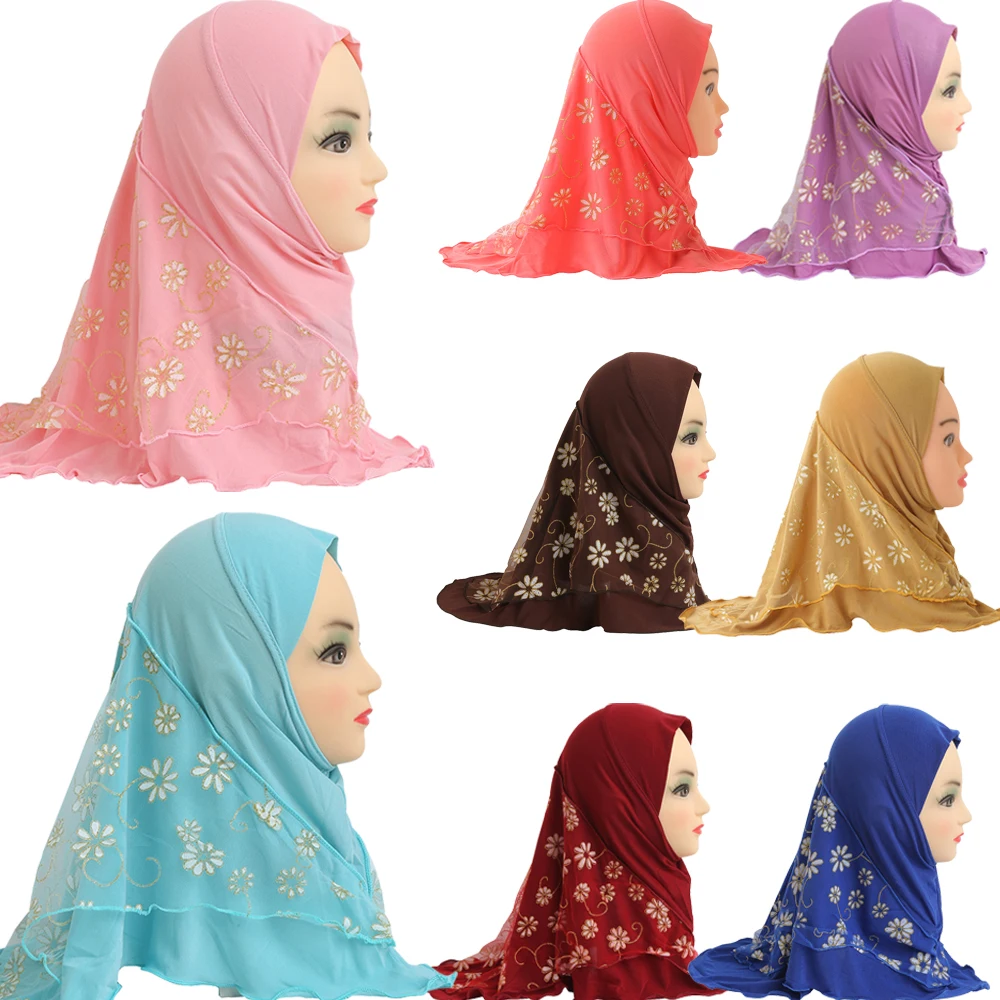 

Kids Girls Muslim Hats Hijab Islamic Arab Islamic Caps Scarf Ramadan Headwear Middle East Bonnet Amira Lace Full Cover 2-6Y