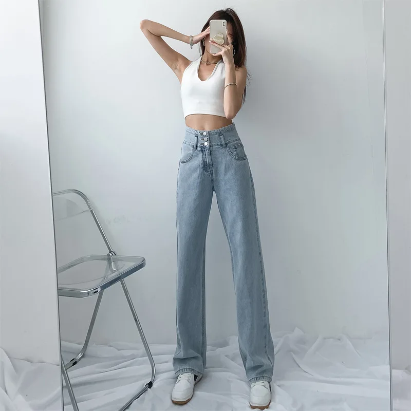 

6521 Spring Fashion Ripped Jeans Women 2020 High Waist Casual Denim Trousers Thin Light Blue Loose Female Washed Wide Leg Pants