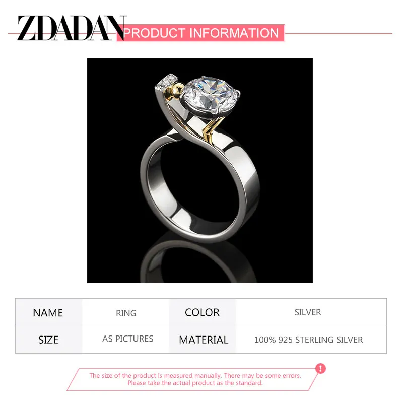 ZDADAN 925 Sterling Silver Clear Zircon Adjustable Finger Ring For Women Wedding Jewelry Gift