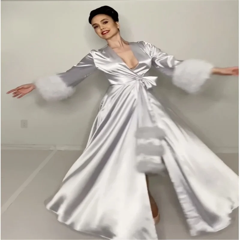 White Fur Wedding Sleepwear With Belt Soft Silk Gorgeous Night Gown For Women Long Sleeves Custom Made Woman Pajamas