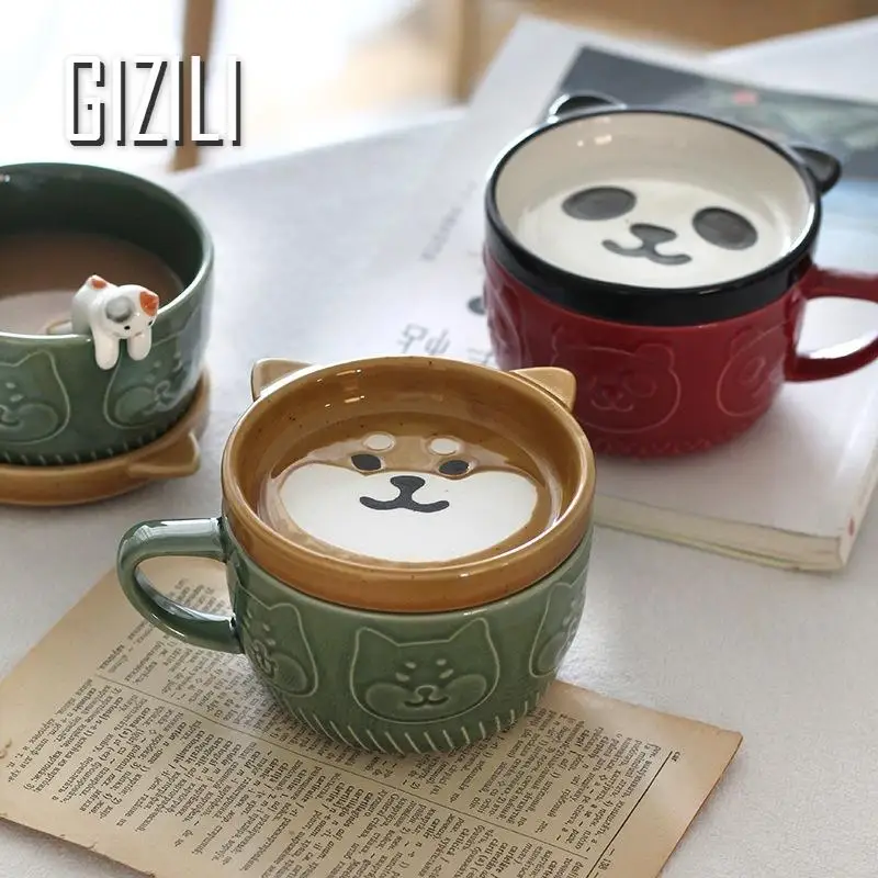 260Ml Cartoon Ceramic Mug Cute Shiba Inu Panda Coffee Cup with Lid Couple Water Cup Student Breakfast Milk Mug The Birthday Gift