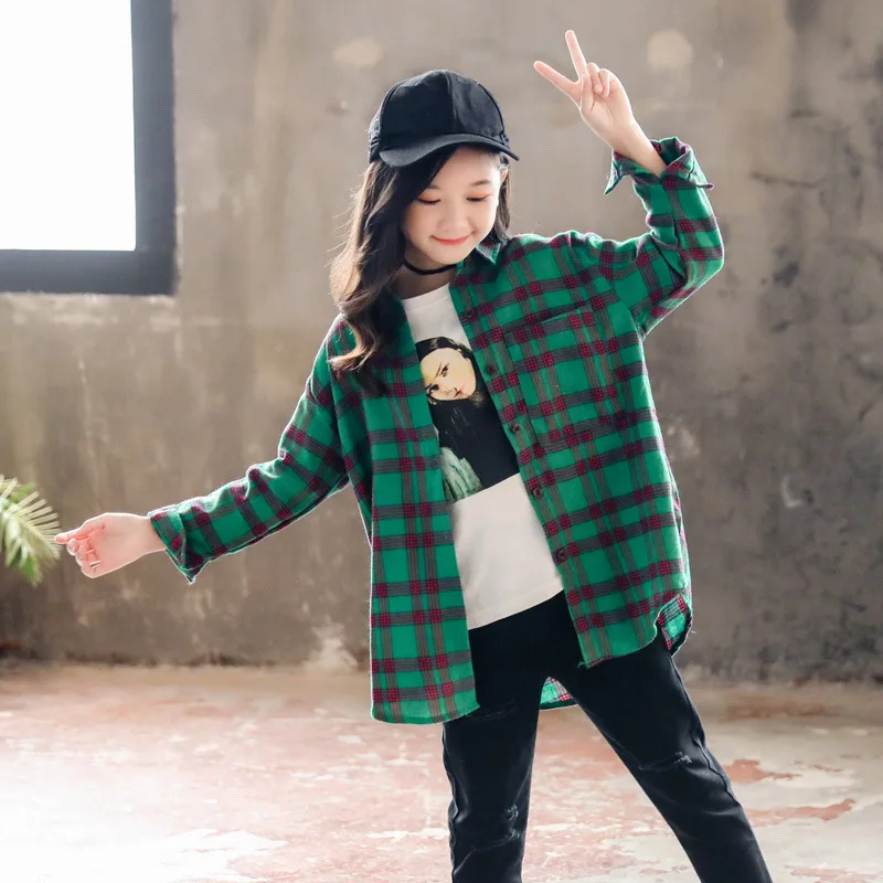 

Retail Teenage Girls' Green Plaid Shirts All-match Cotton Long Shirt for Fall