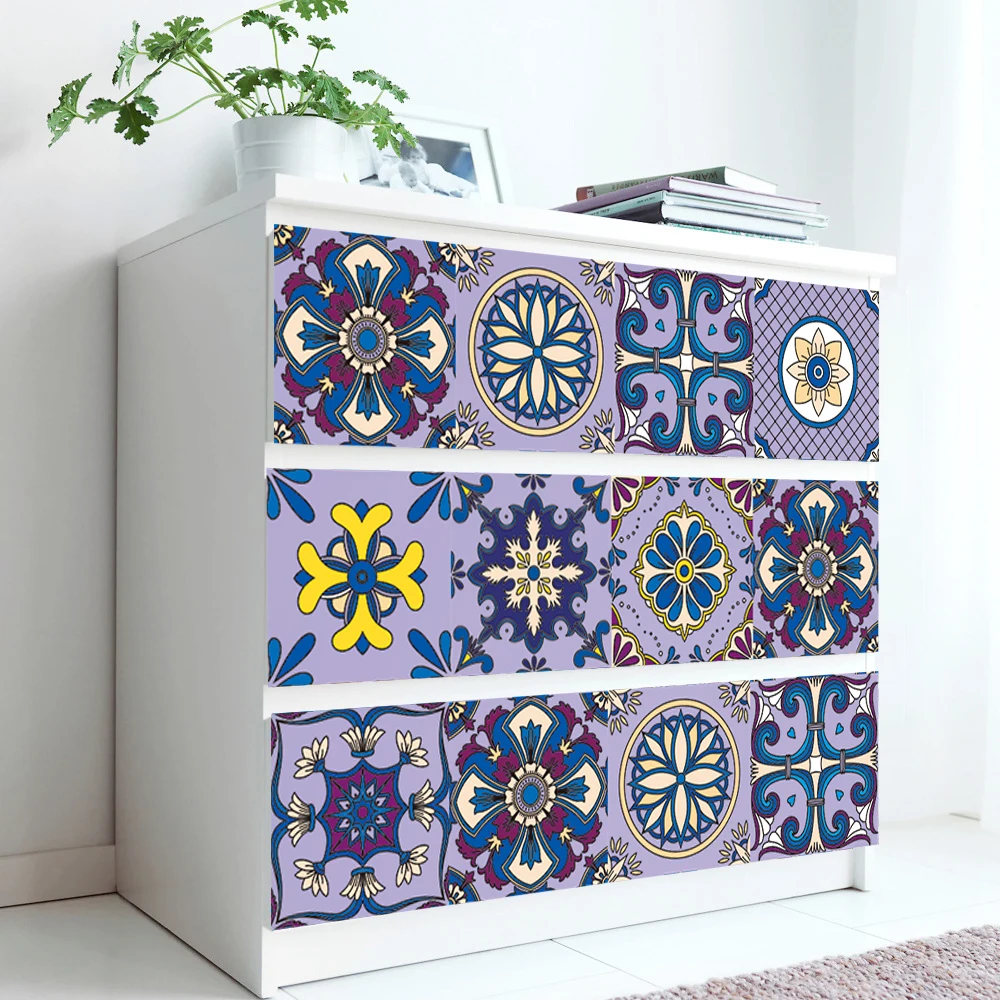 Purple Floral Ornament Ceramic Tiles Wall Sticker Kitchen Wardrobe Drawer Stairs Decoration Wallpaper Home Decor Art Wall Decals