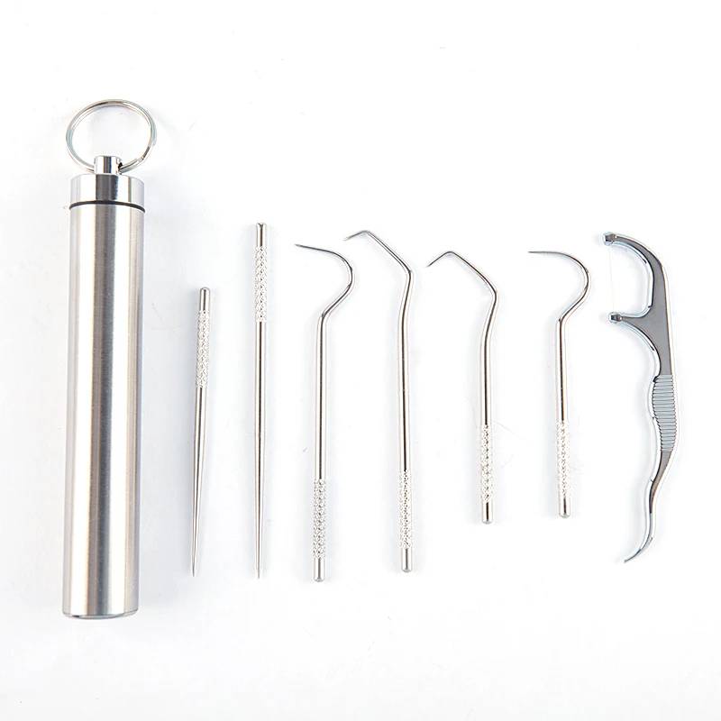Nuovo sacchetto portatile per stuzzicadenti in metallo in acciaio inossidabile da 8 pezzi Set protezione ambientale riutilizzabile con supporti per campo da Picnic all'aperto