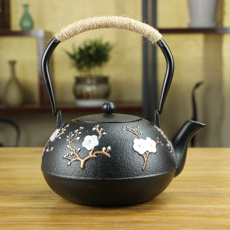 

Cast iron pot Japanese pure handmade prefer eyebrow tip iron teapot uncoated iron pot clearance Flower Black 1.2L