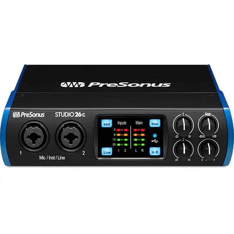 PreSonus Studio 26C USB-C portátil ™ Chasis totalmente metálico y perillas metálicas para grabación y mezcla de ultra alta definición.