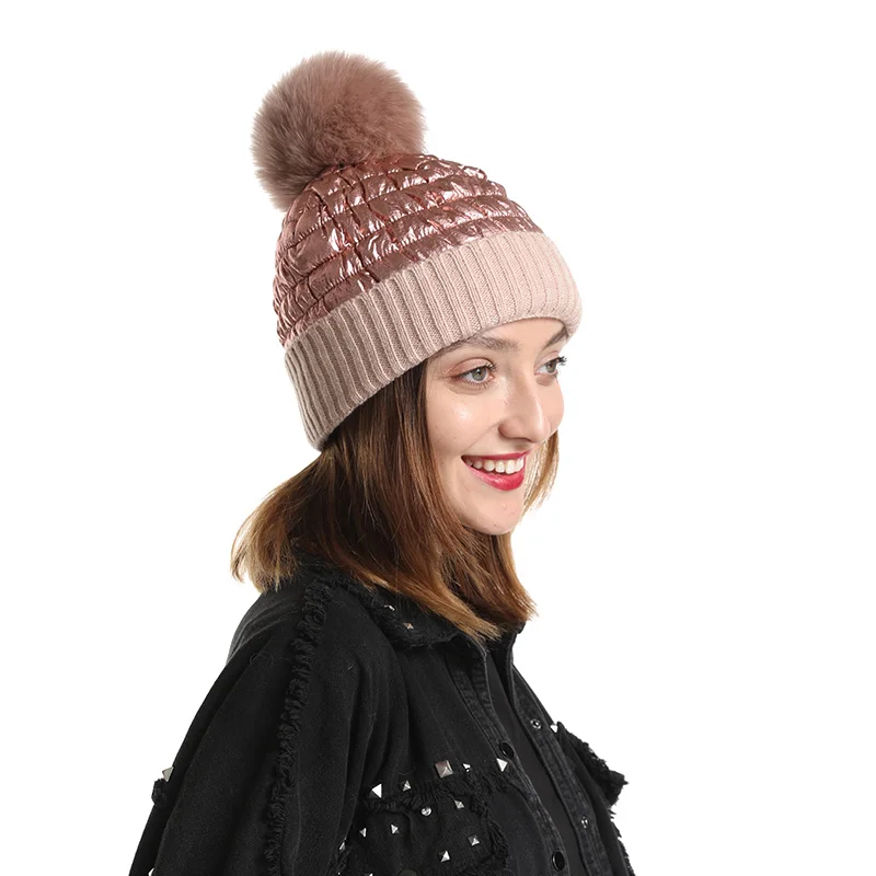 Fox Fur Pompom Beanie Mother Baby Winter Hats For Women Warm Knitted Beanies Cap Real Fur Pompon Hat Bonnet