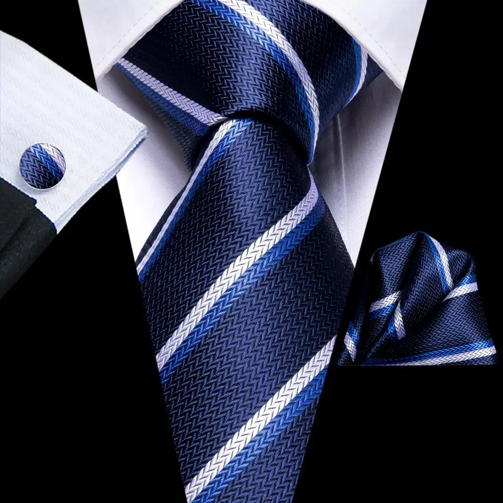 Blue White Striped Silk Wedding Tie For Men Handky Cufflink Gift Men Necktie Set Fashion Design Business Party DropshipingHi-Tie