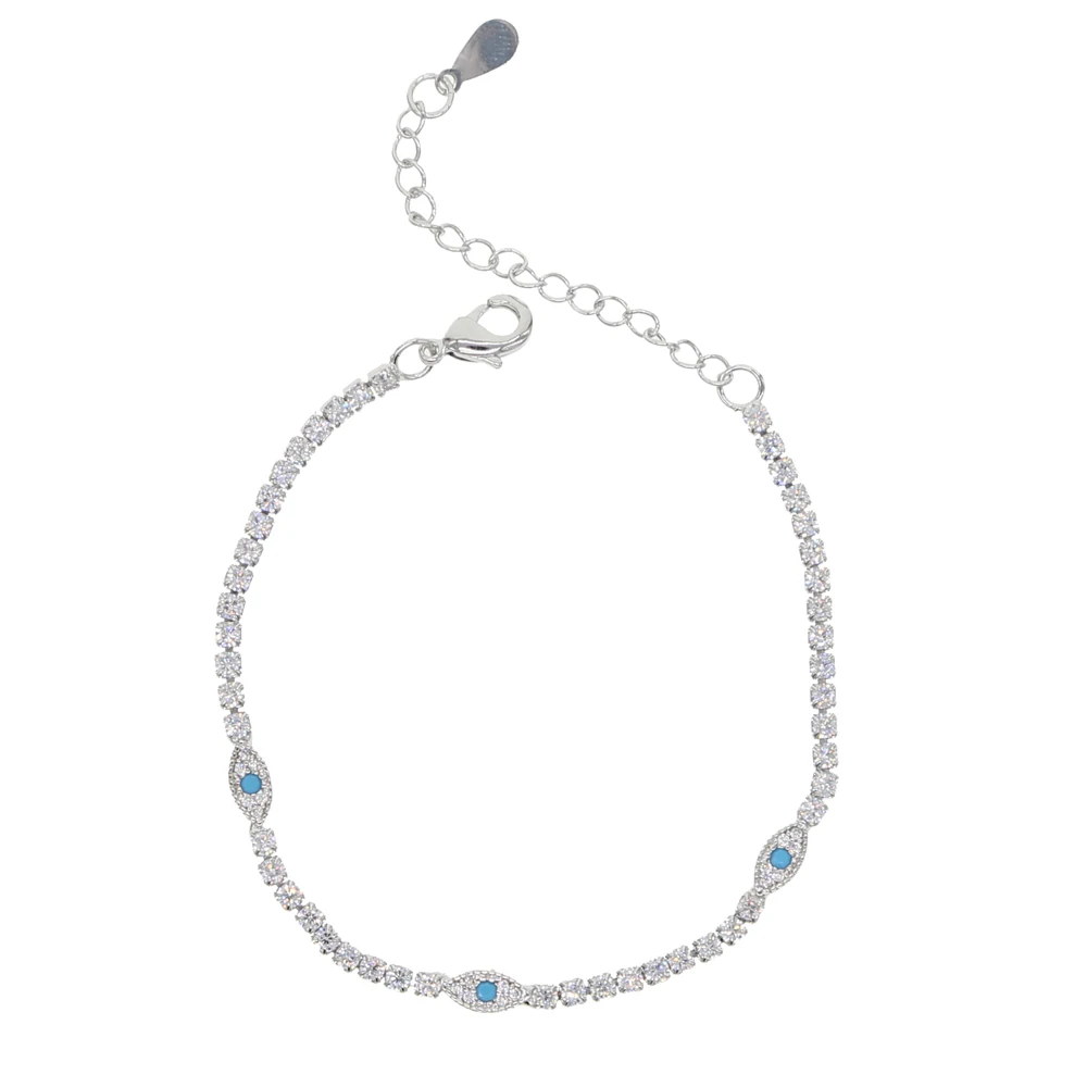 Thin CZ Tennis Chain Cute Lovely Small Turkish Evil Eye Charm Tennis Bracelet