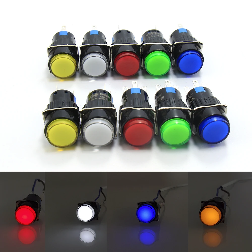 

5PCS/10PCS 5Pin Mixed colors 16mm Mini Round Push Switch Self-reset LED Light Momentary Button ON-OFF