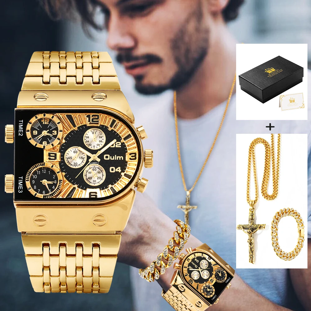 Luxury Men Watch Set Gift for Men Golden Quartz Bracelet Necklace Gifts Set for Men Fashion Men\'s Wrist Watch Reloj Para Hombre