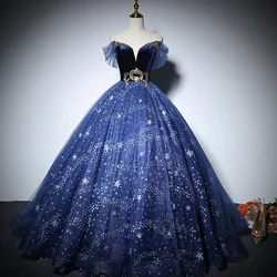 navy/black stars beading Quinceanera ball gown long dress vintage medieval Renaissance princess Victoria/party