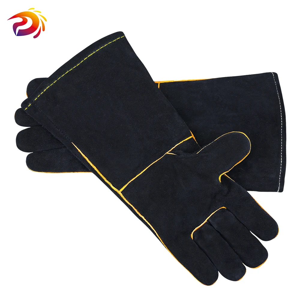 

16 Inch Black Welding Gloves Cow Split Leather Welder Heat Resistant BBQ Oven Glove With Jean Lining