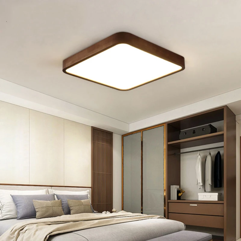 Luces de techo LED modernas, lámparas de madera Real para dormitorio, accesorio de pantalla de acrílico de madera maciza redonda y cuadrada, Lustre