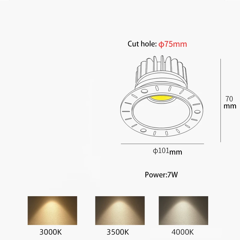 BRGT-foco LED empotrado sin marco, 7W COB de lámpara de techo, 85-265V, empotrado de aluminio, iluminación interior