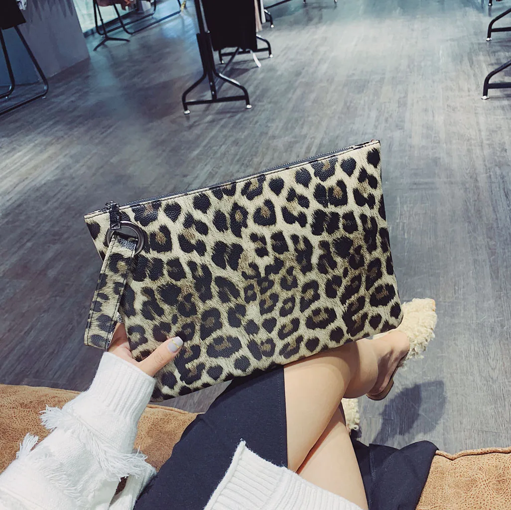 Women Vintage Clutch PU Leather Leopard Envelope Handbag Ladies Zipper Retro Shoulder Simple Crossbody Bag Luxury Tote Bag