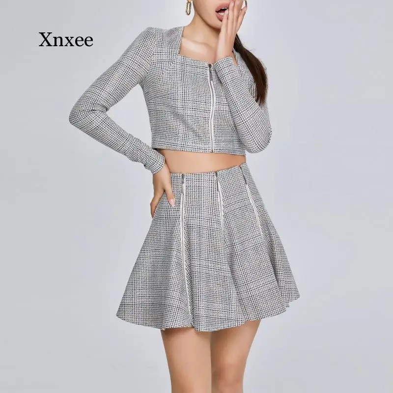 British Style Plaid Two-Piece Square Collar Skirt Set Elegant Women Vintage Cropped Blazer High Waist Mini Skirt Suit 2021