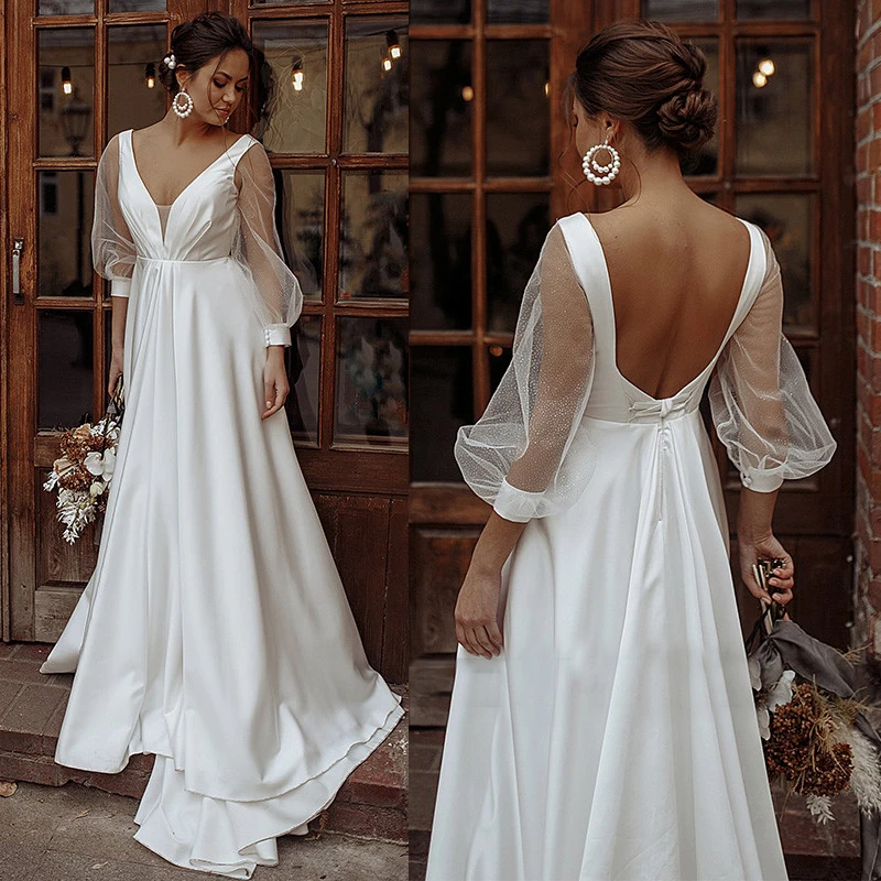 Robe de mariée en Satin à manches longues bouffantes, col en v, sur mesure, bon marché, à lacets, grande taille, froncée, dos nu