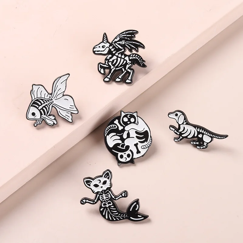 Creative Trendy Cartoon Cat Dog Bird Animal Skeleton Oil Drop Lapel Brooch Badges  Pin Denim Bag Gift Men Women Fashion Jewelry