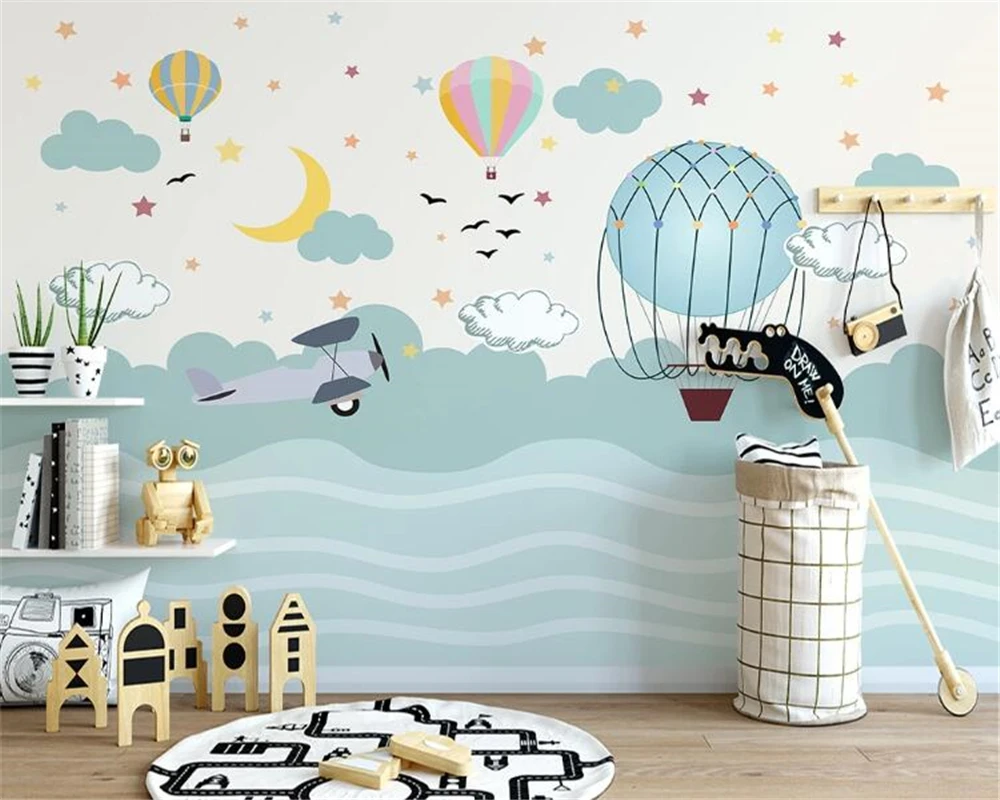 Papel tapiz personalizado para habitación de niños, foto nórdica pintada a mano, globo aerostático de dibujos animados, cielo estrellado, Mural de