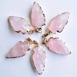 Good Quality Natural pink quartz Arrowhead Pendant Electroplated Gold Color Raw Stone for jewelry making 6pcs/lot  Wholesale