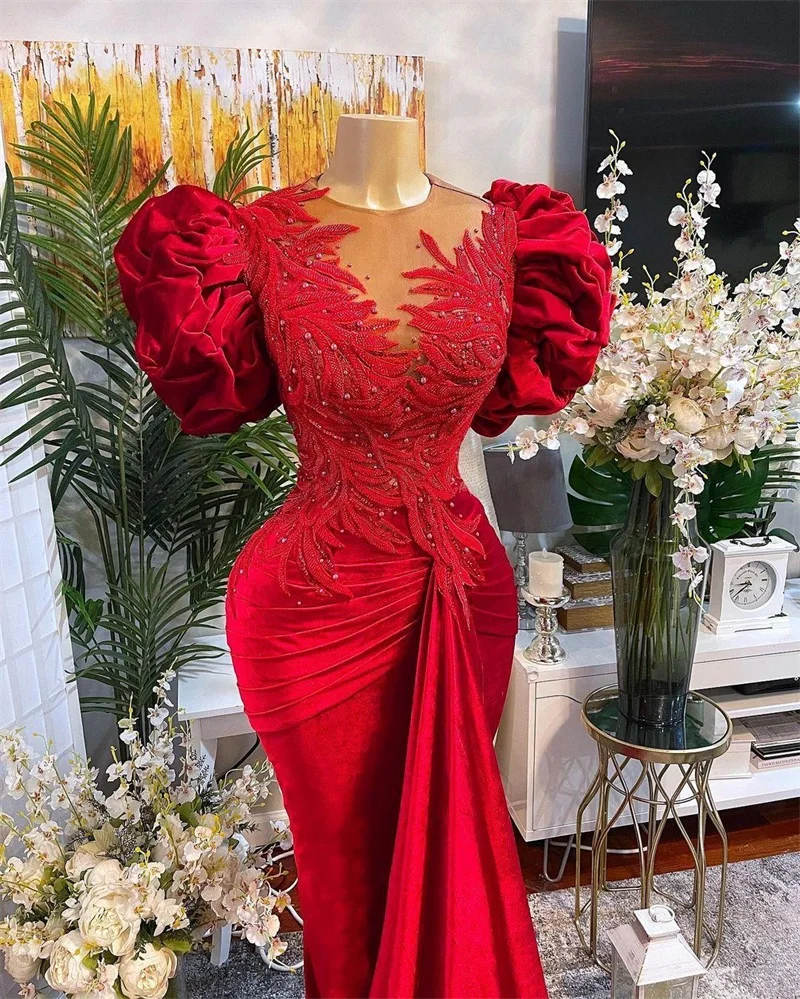 Luxury Red Mermaid Prom Dresses Arabic Aso Ebi Lace Beaded Sheer Neck Velvet Evening Dress Formal Party Wear Custom Made