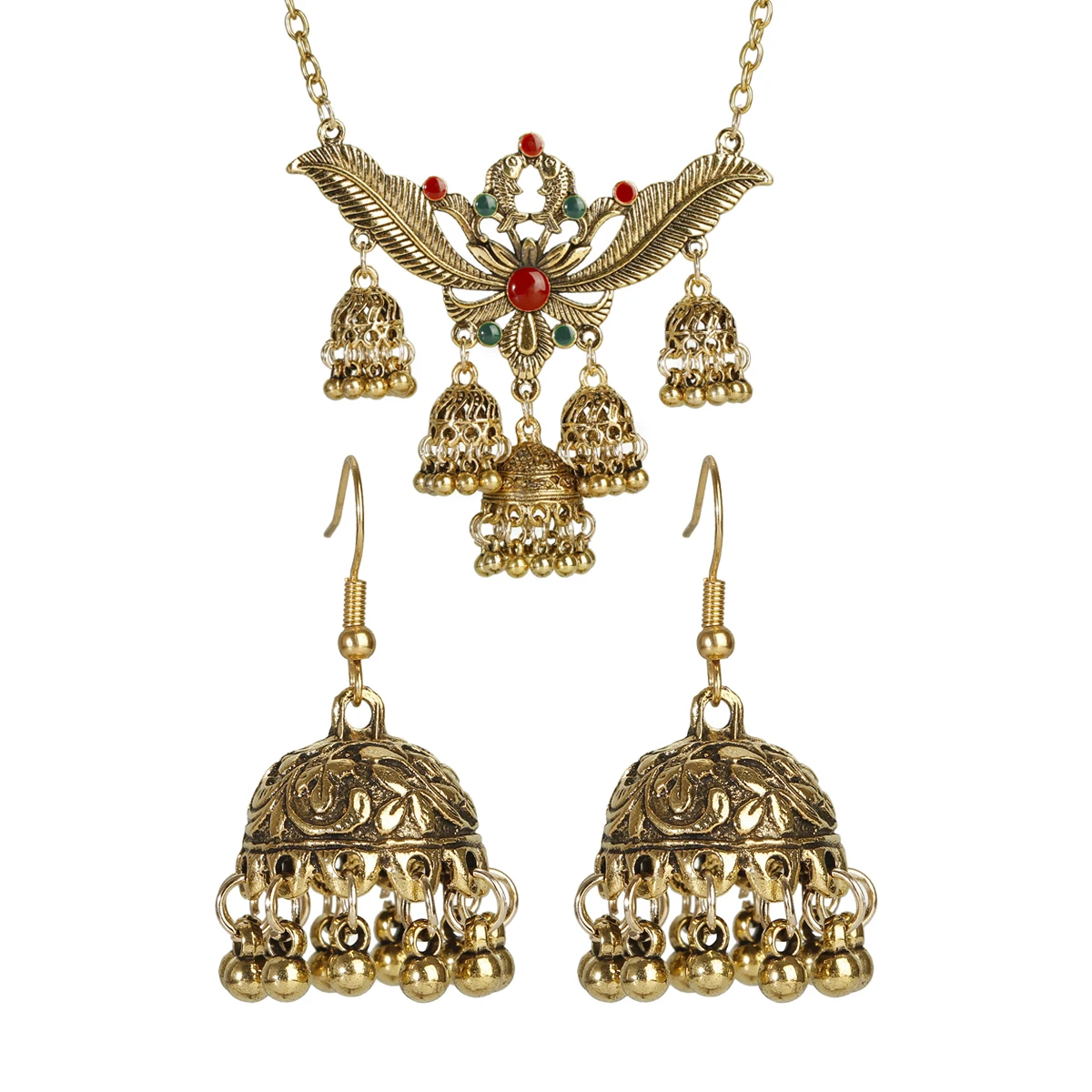 Indian Jewelry Vintage Wedding Jewelry Set For Women Gold Carved Bells Necklace&Earring Statement Dangle Earrings Gifts Kundan