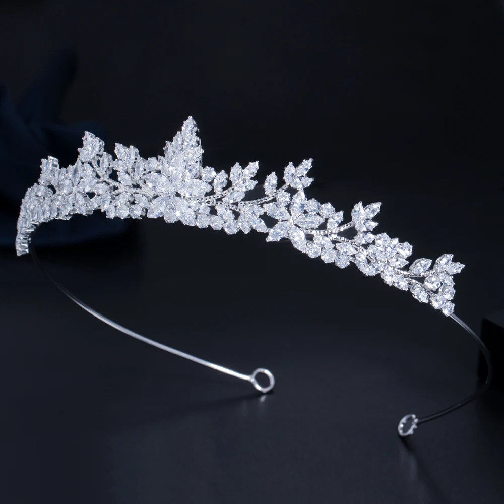 CWWZircons Marquise Cut Cubic Zirconia Flower Tiara Crown Wedding Hair Accessories for Brides Headwear Costume Jewelry A032