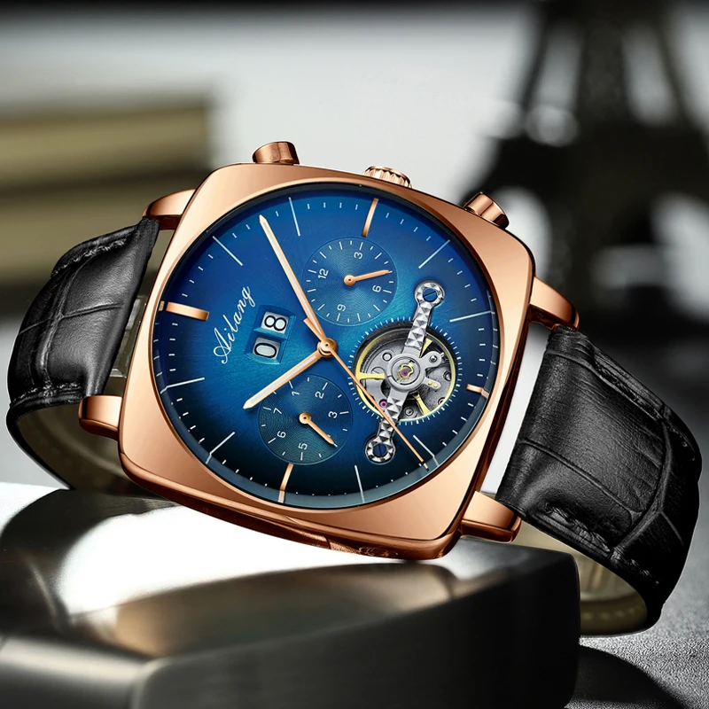 AILANG Mode Grün Große Zifferblatt Quadratische Mechanische Uhr für Männer Lederband Wasserdicht Tourbillon Uhren Herren Relogio Masculino 5