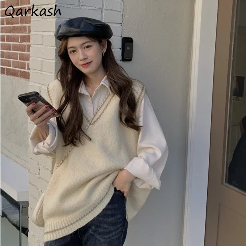 

Sweater Vest Women Sweet Fashion Japanese College Style Solid V-neck Knitted Lady Casual Loose Sleeveless Ins Simple All-match