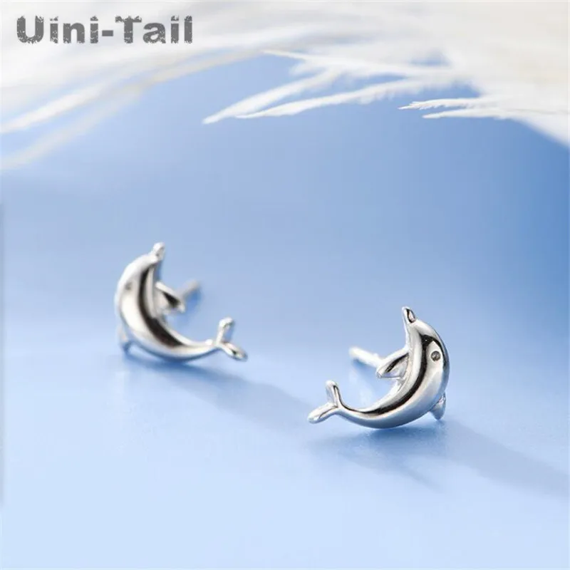Uini-Tail Hot New 925 Tibetan silver Korean Small Fresh Glossy Dolphin Ear Studs Cute Sweet Fashion Sea Animal Ear Jewelry ED003