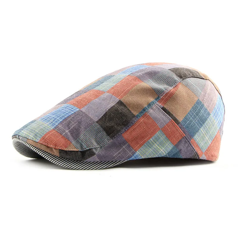 2021 Spring Summer Color Plaid Newsboy Caps Men Polyester Flat Peaked Cap Women Painter Beret Hats 12